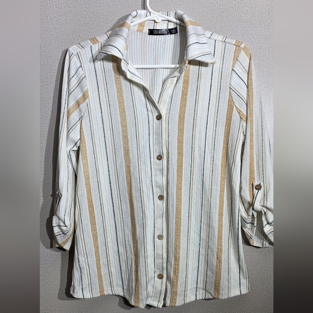 Chic Striped Button-Down Shirt in Cream and Tan